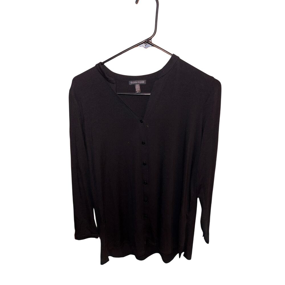 Eileen Fisher Black Long Sleeve Henley Top Petite Small